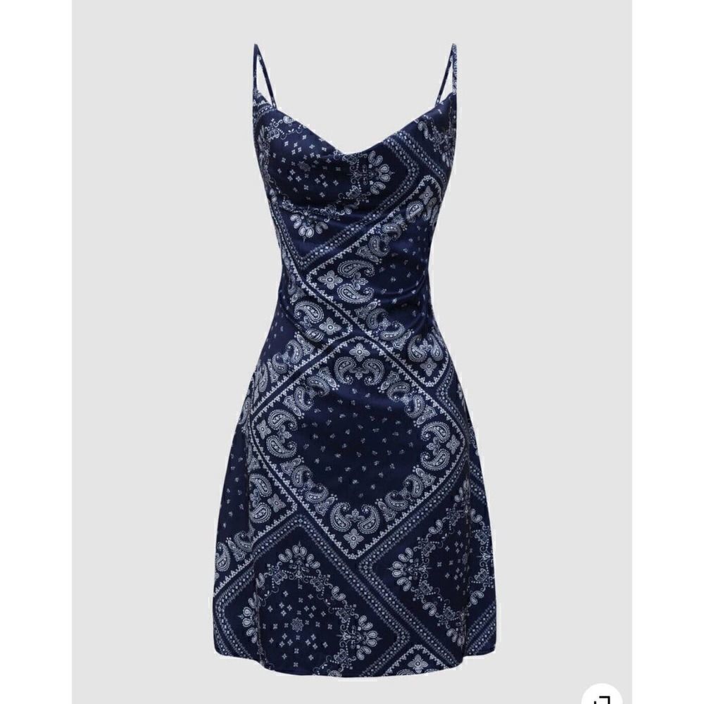 CIDER blue bandana paisley cowl neck cami bodycon mini dress size XS